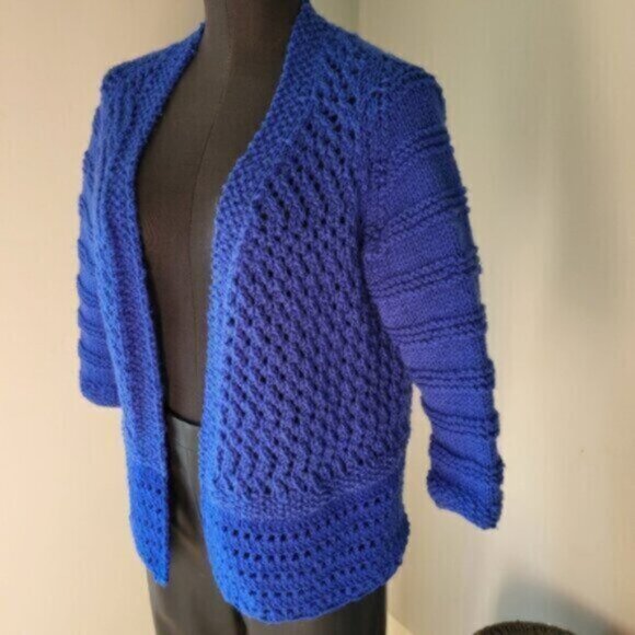 Crocheted Handcrafted Blue Cardigan Granny Cottage Core Sweater Sz Large - Picture 2 of 6